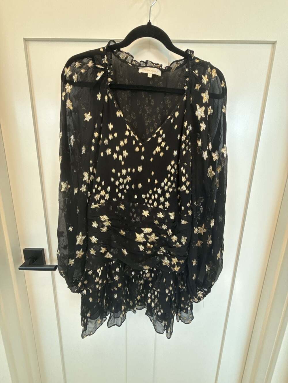 LoveShackFancy Rina Metallic Gold Star Blouson-Sleeve Mini Dress